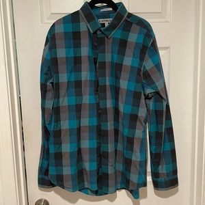 Mens Express button up shirt blue and black plaid fitted shirt size large